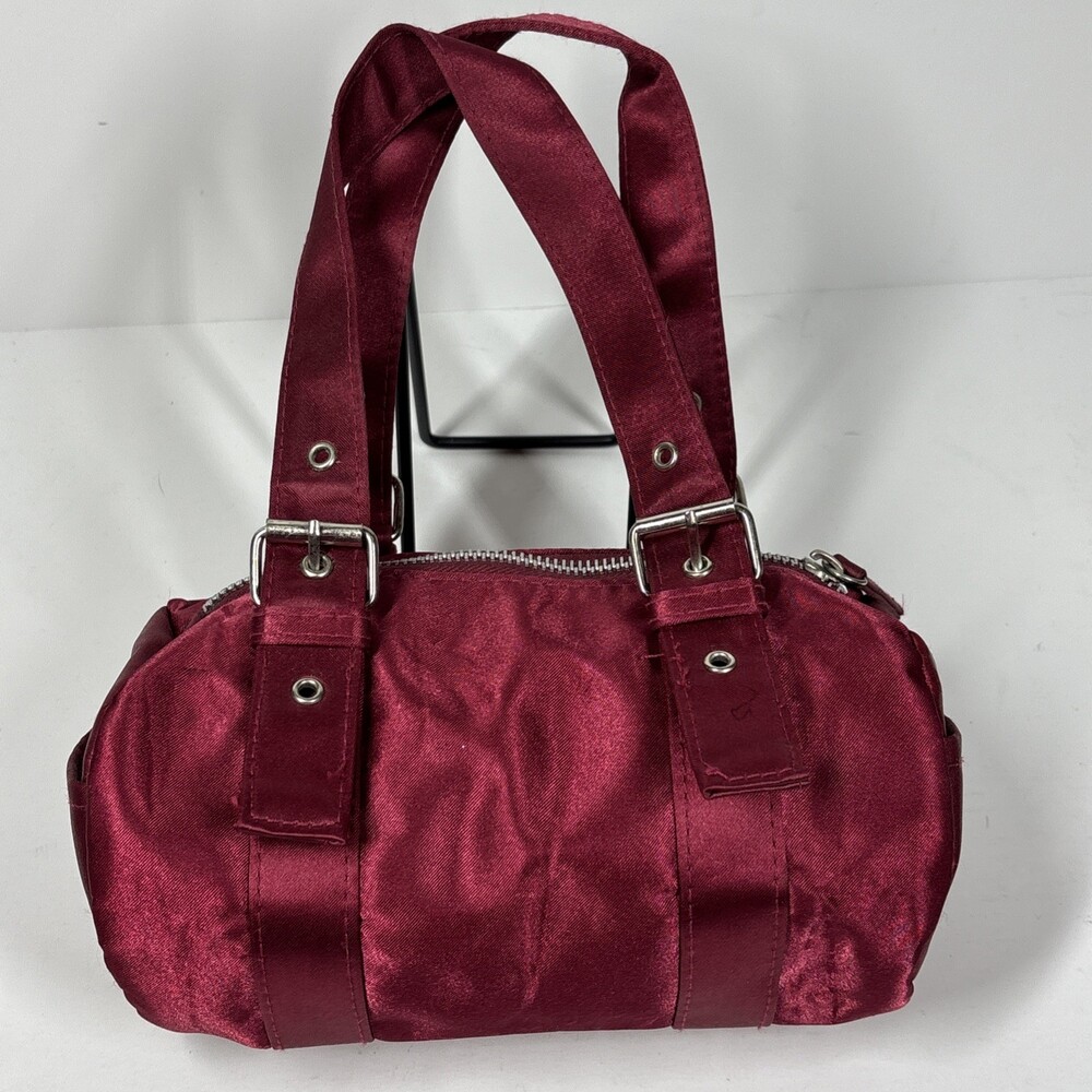 Avon Burgundy Satin Zip Top Bag Small Mini Satchel Hand Bag With Buckles